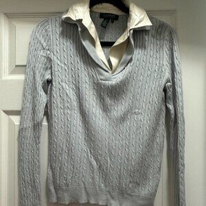 Lauren Ralph Lauren baby blue cable knit cashmere sweater silk collar Size S